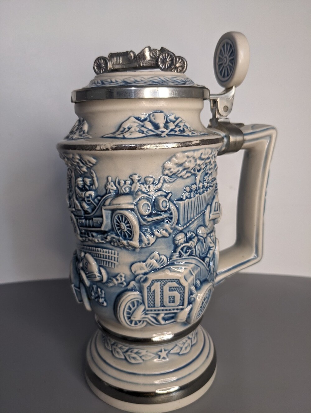 Avon Stein Race Car Vintage 1980s Ceramic Collectible Blue White Motorsports